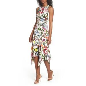 Maggy London Midi Dress Botanical Floral Asymmetrical Boho Preppy White Size 14